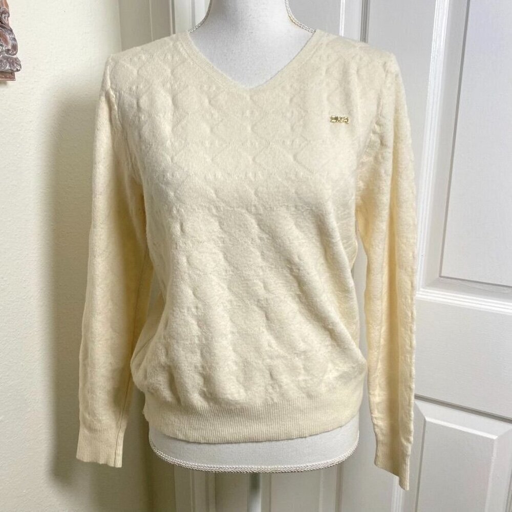 V-Neck Sweater Cream Colored Quilted Front Size Small Fall Luxe Preowned